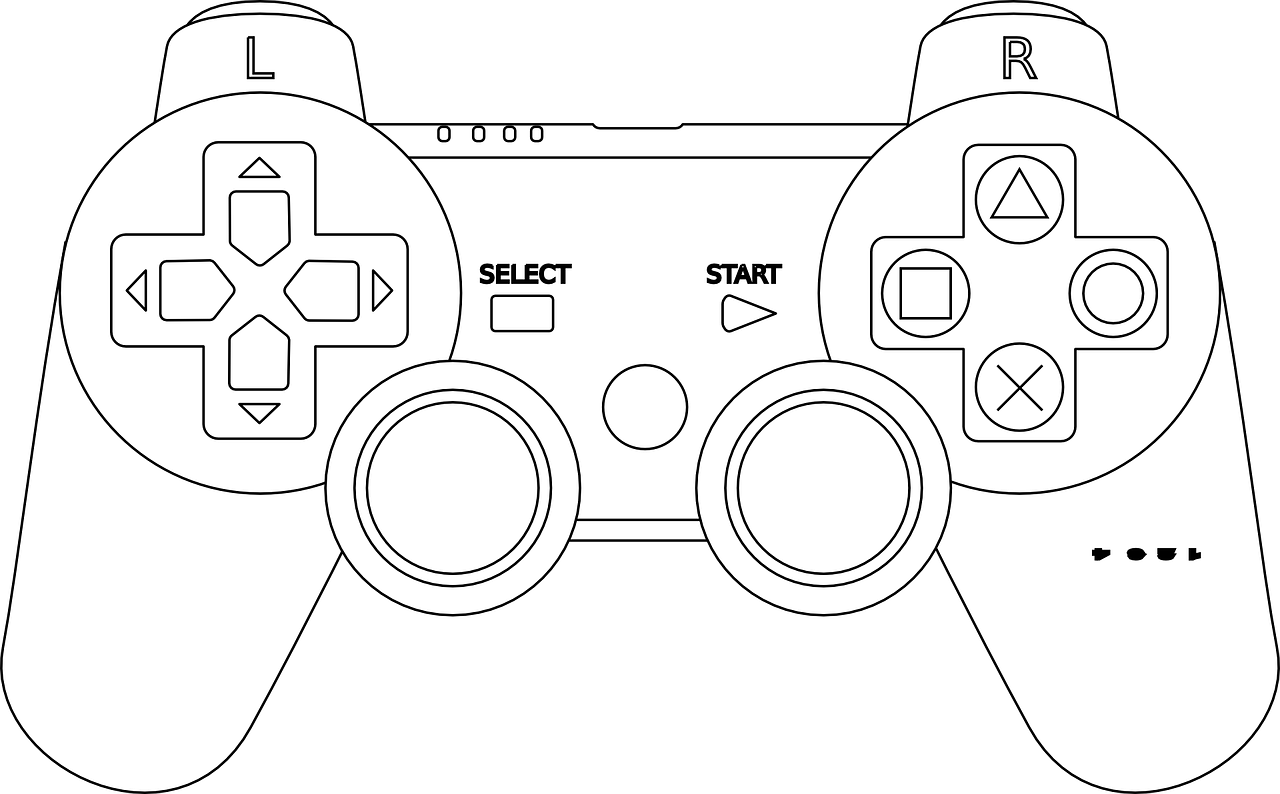 A black and white drawing of a video game controller.